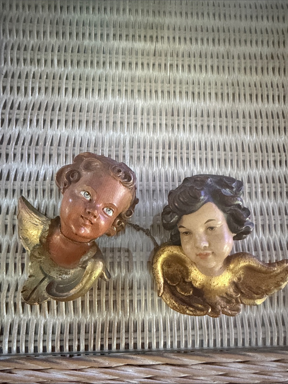Hand-Painted antique wooden Gold and Brown Cherub hand painted Wall Decor Pair